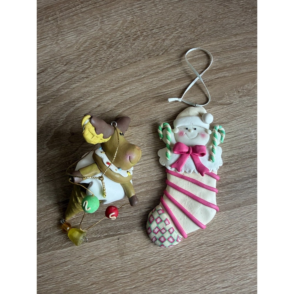 Pink and White Clay dough Moose Cone Snowman OrnamentsFun Design - Set of 2